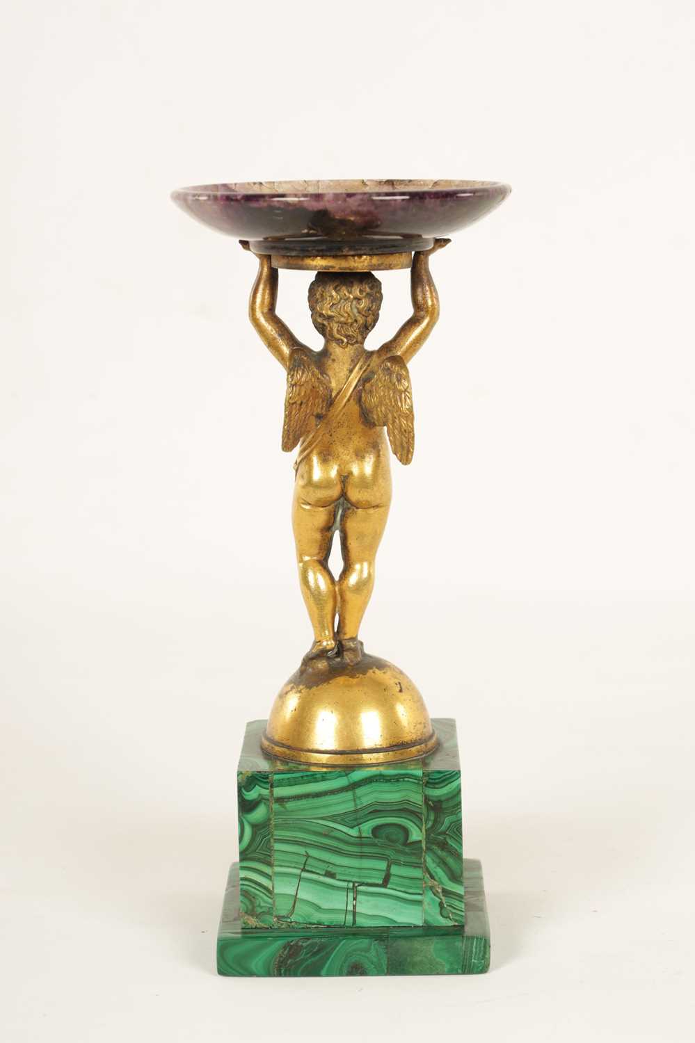 A REGENCY FIGURAL GILT BRONZE, MALACHITE AND BLUE JOHN TAZZA - Image 6 of 11