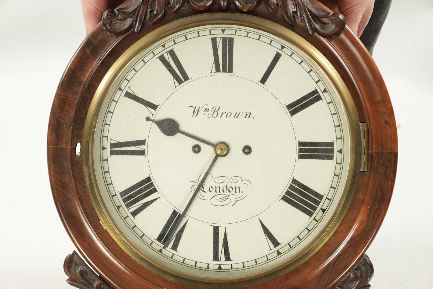 W. BROWN. LONDON. A LATE 19TH CENTURY CARVED WALNUT DOUBLE FUSEE WALL CLOCK - Image 3 of 8