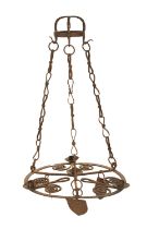 AN ARTS AND CRAFTS MEDIEVAL STYLE WROUGHT IRON HANGING CHANDELIER