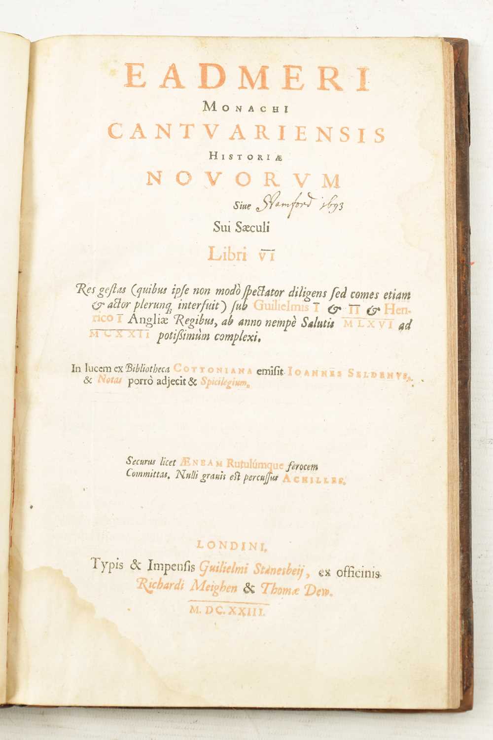 'EADMER OF CANTERBURY' A 17TH CENTURY LEATHER BOUND BOOK TITLED 'EADMERI MONACHI CANTUARIENSIS HISTO - Image 4 of 6