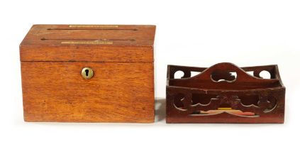 A 19TH CENTURY MAHOGANY LETTER TRAY AND CORRESPONDENCE BOX 'ANSWERED ABD UNANSWERED'