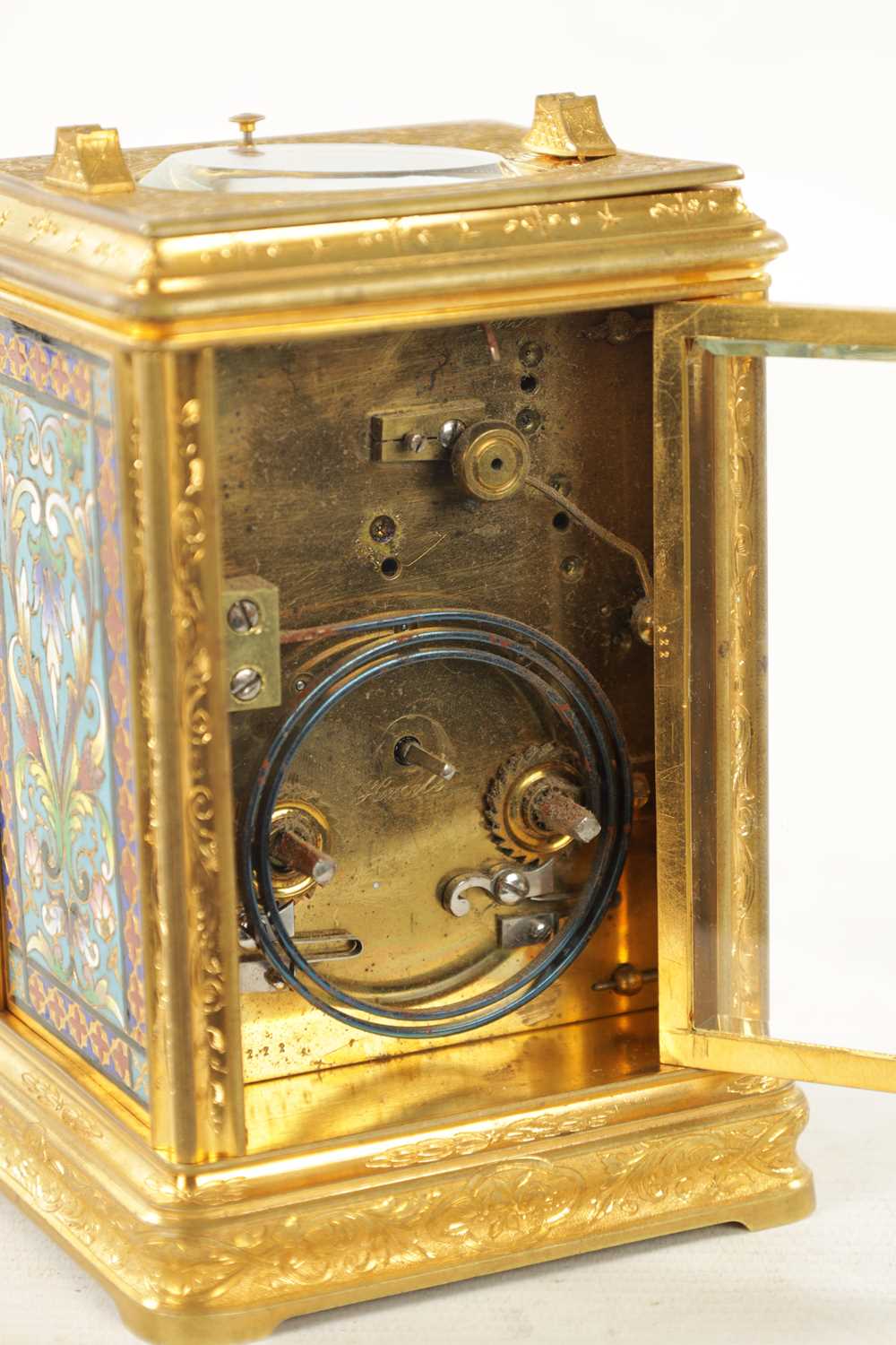 A LATE 19TH CENTURY FRENCH CHAMPLEVE ENAMEL AND GILT BRASS ENGRAVED REPEATING CARRIAGE CLOCK - Image 8 of 13