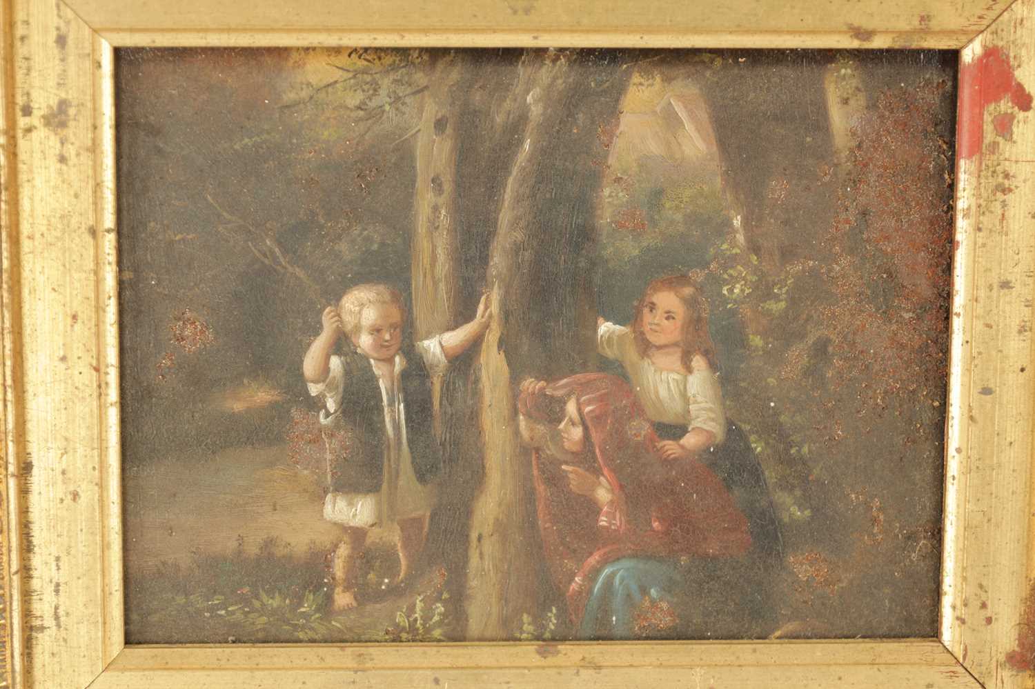 A PAIR OF 19TH CENTURY OIL ON TIN CHILDREN WITH A DOG AND PLAYING IN A WOOD - Image 3 of 7