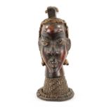 AN OLD AFRICAN WICKER AND PARDIMENT TRIBAL HEAD POSSIBLY YORUBA