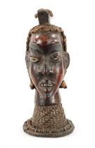 AN OLD AFRICAN WICKER AND PARDIMENT TRIBAL HEAD POSSIBLY YORUBA