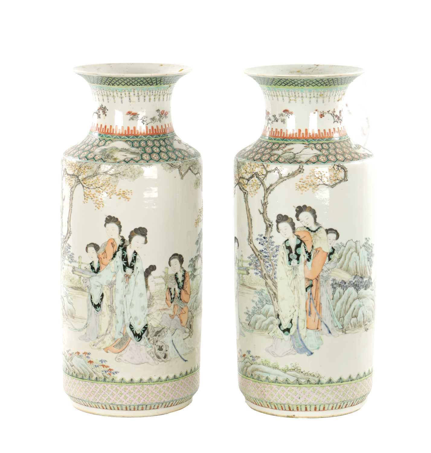 A PAIR OF CHINESE REPUBLIC FAMILLE VERTE CYLINDRICAL VASES