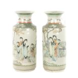 A PAIR OF CHINESE REPUBLIC FAMILLE VERTE CYLINDRICAL VASES