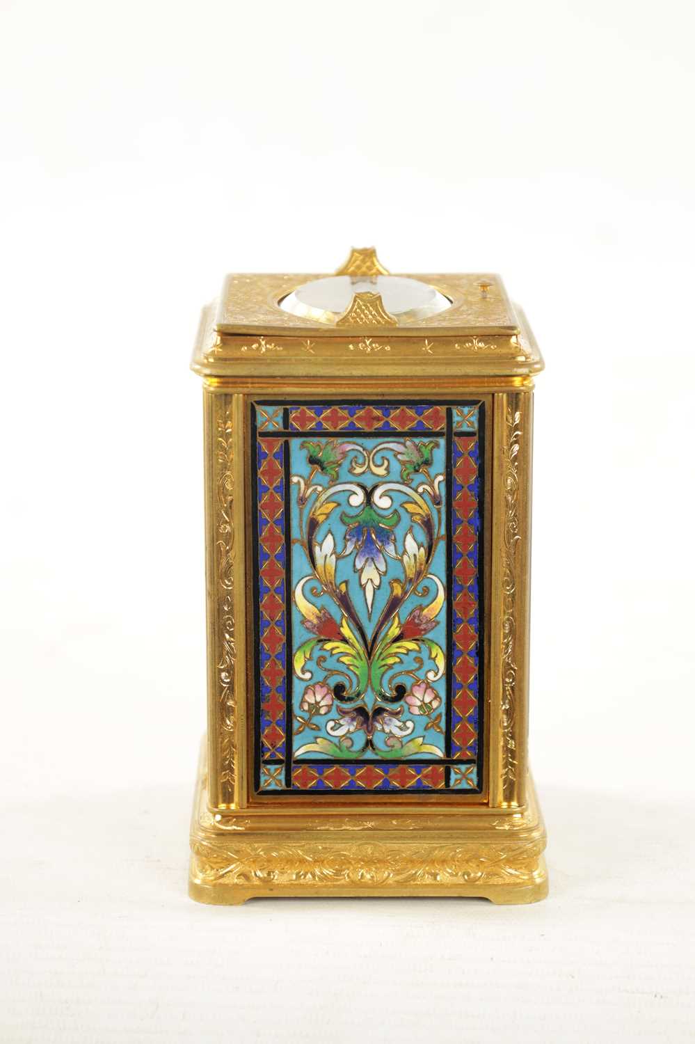 A LATE 19TH CENTURY FRENCH CHAMPLEVE ENAMEL AND GILT BRASS ENGRAVED REPEATING CARRIAGE CLOCK - Image 7 of 13