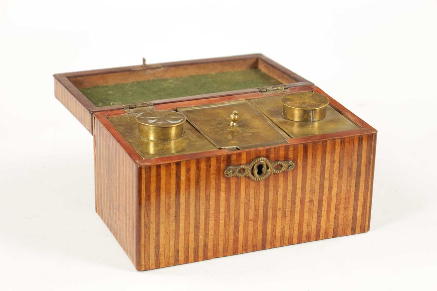 A GEORGE III STRIPED INLAID SPECIMEN WOOD TEA CADDY - Image 3 of 5