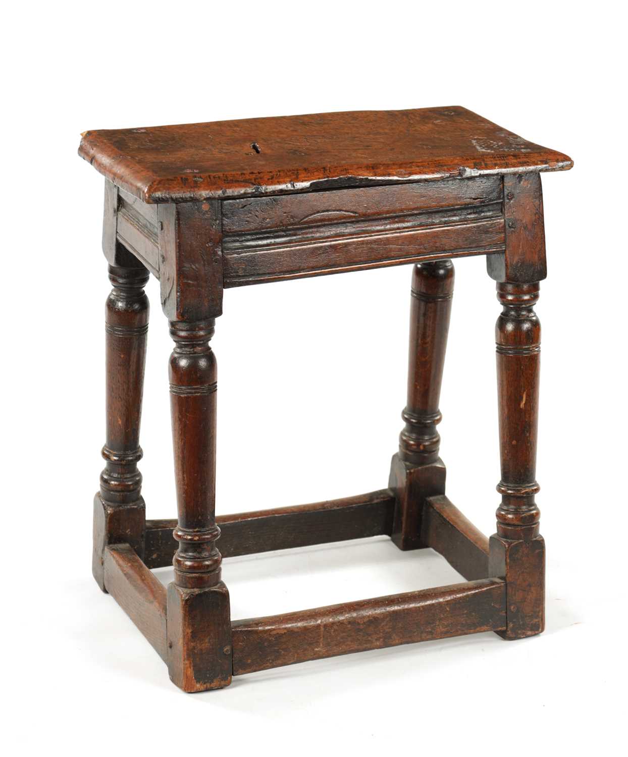 A 17TH CENTURY AND LATER OAK JOINT STOOL WITH POLLARD OAK BURR TOP