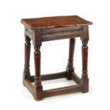 A 17TH CENTURY AND LATER OAK JOINT STOOL WITH POLLARD OAK BURR TOP