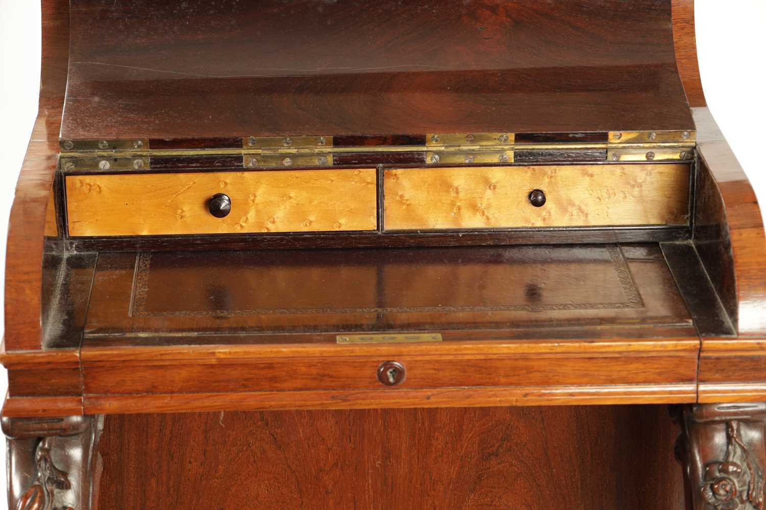 A VICTORIAN FIGURED ROSEWOOD POP-UP PIANO TOP DAVENPORT - Image 2 of 8