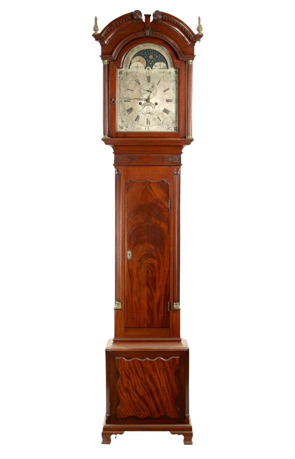 ISAAC SHARRATT, BURSLEM. A GEORGE III FIGURED MAHOGANY LONGCASE CLOCK