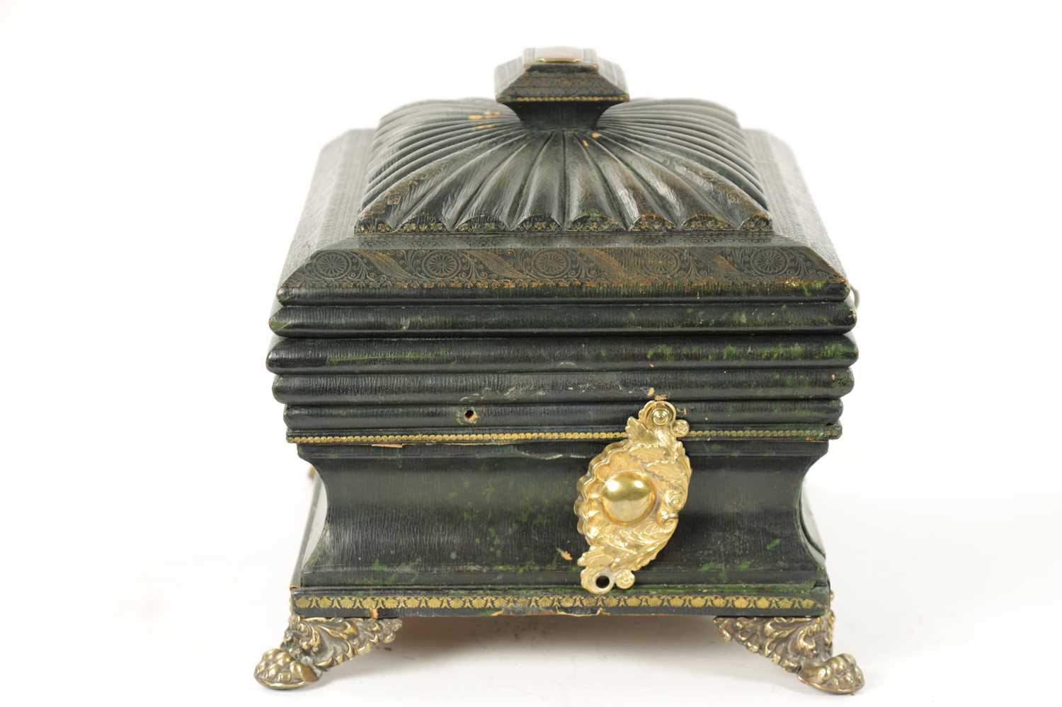 A FINE REGENCY TOOLED LEATHER LADIES COMBINED SEWING / WRITING BOX OF SARCOPHAGUS FORM - Image 11 of 11