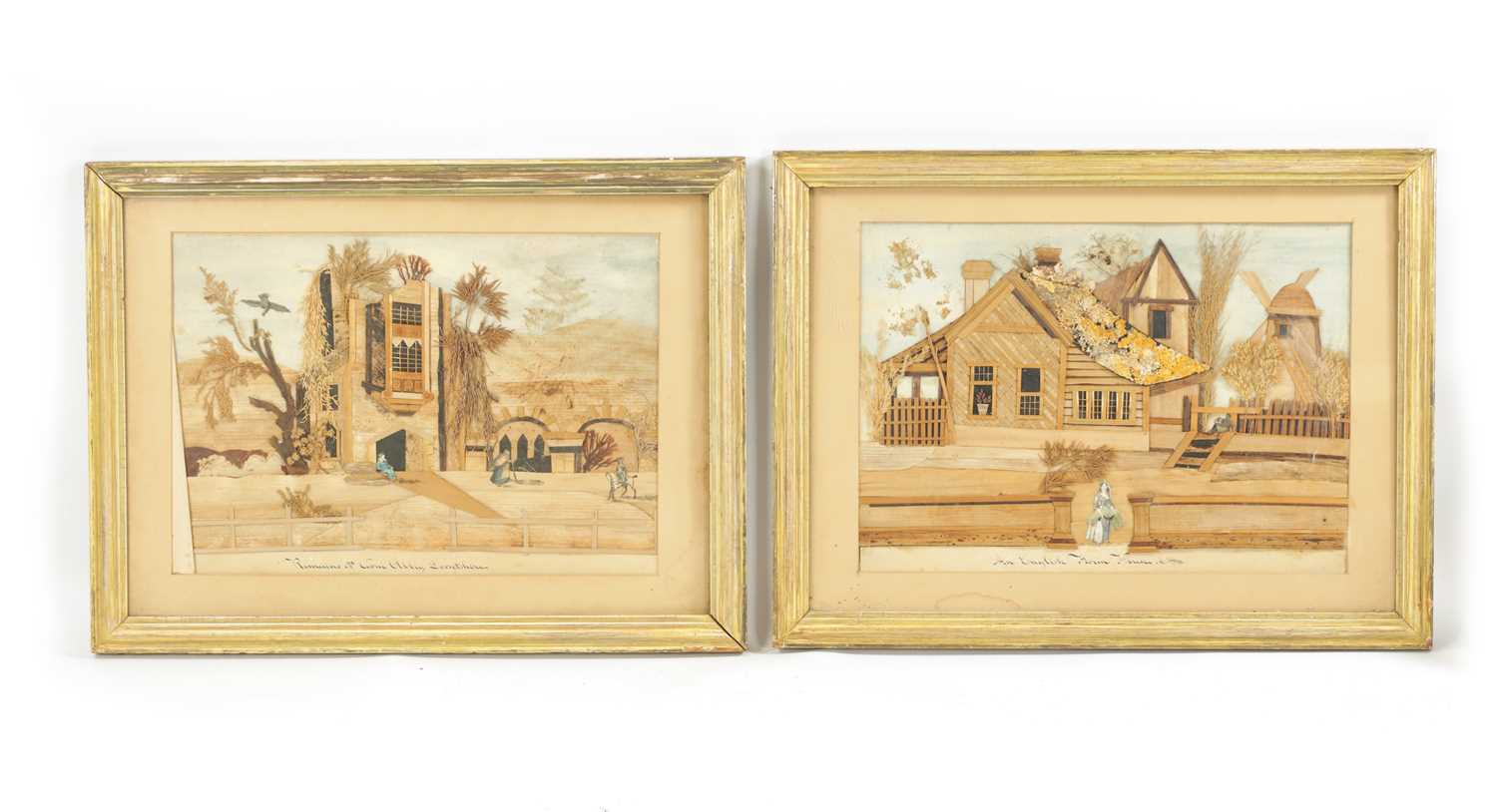 AN UNUSUAL PAIR OF 19TH CENTURY FOLK ART COLLAGES INSCRIBED ‘REMAINS OF CARNE ABBEY, DORSET’ AND ‘AN