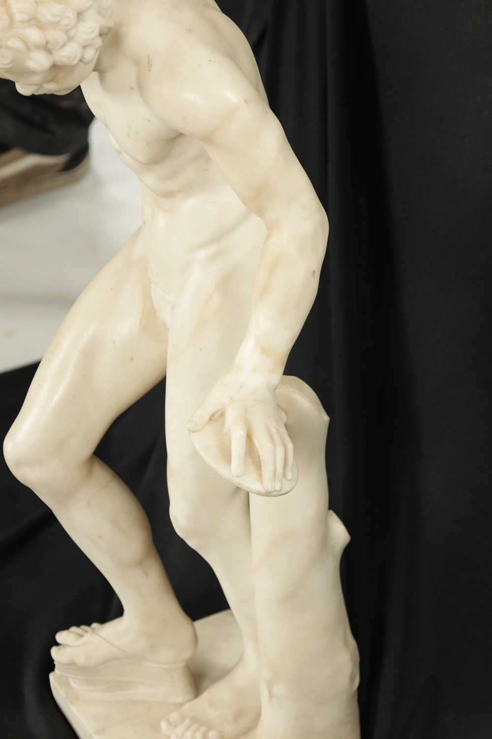 A 19TH CENTURY ITALIAN CARRERA MARBLE SCULPTURE OF A DANCING FAUN ON LATER SQUARE COLUMN BASE - Image 4 of 8