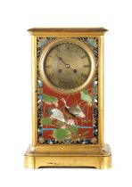 A LARGE 19TH CENTURY FRENCH GILT BRASS MANTEL CLOCK WITH JAPANESE CLOISONNE PANELS