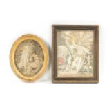 AN 18TH CENTURY SMALL OVAL TEXTILE PICTURE TOGETHER WITH AN EARLY TEXTILE COLLAGE PRINT OF CHRIST