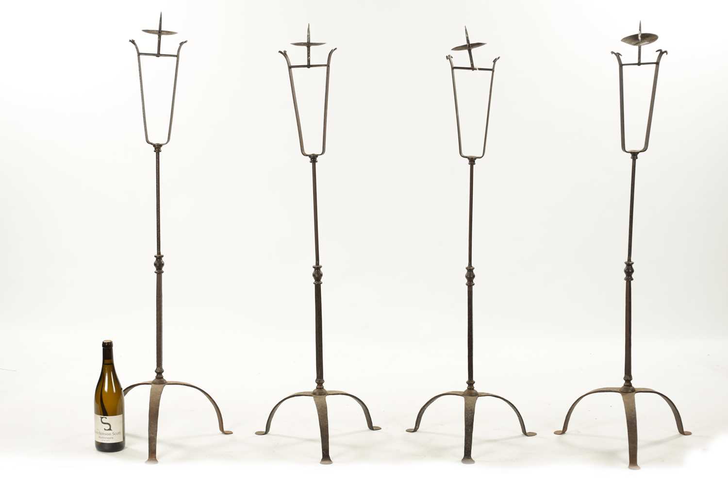 A SET OF FOUR IRONWORK CHURCH FLOOR STANDING CANDLESTICKS - Image 2 of 12