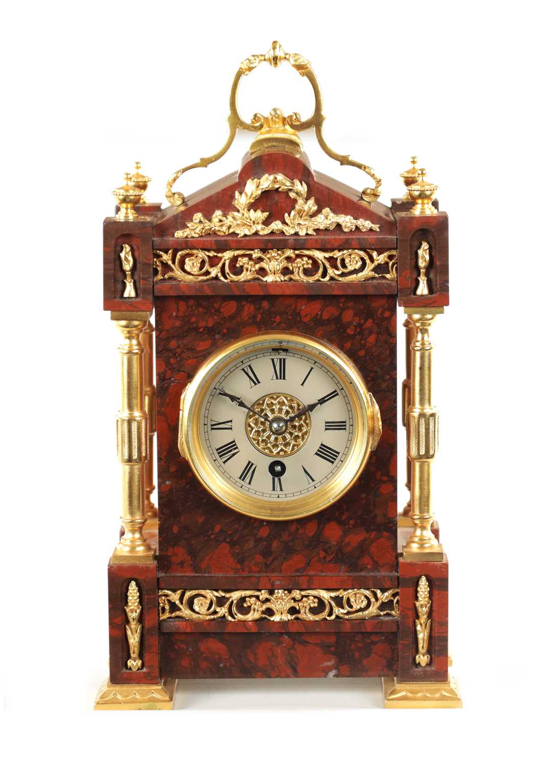 A LATE 19TH CENTURY FRENCH ORMOLU MOUNTED ROUGE MARBLE MANTEL CLOCK