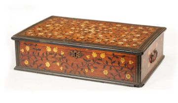 A 17TH/18TH CENTURY INDO PORTUGUESE EBONY AND IVORY INLAID FITTED SHALLOW BOX