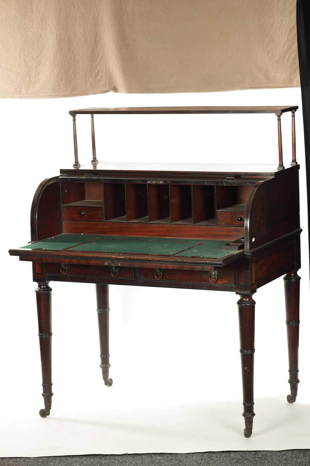 A REGENCY FIGURED MAHOGANY AND EBONY STRUNG TAMBOUR FRONT CYLINDER DESK - Image 2 of 8