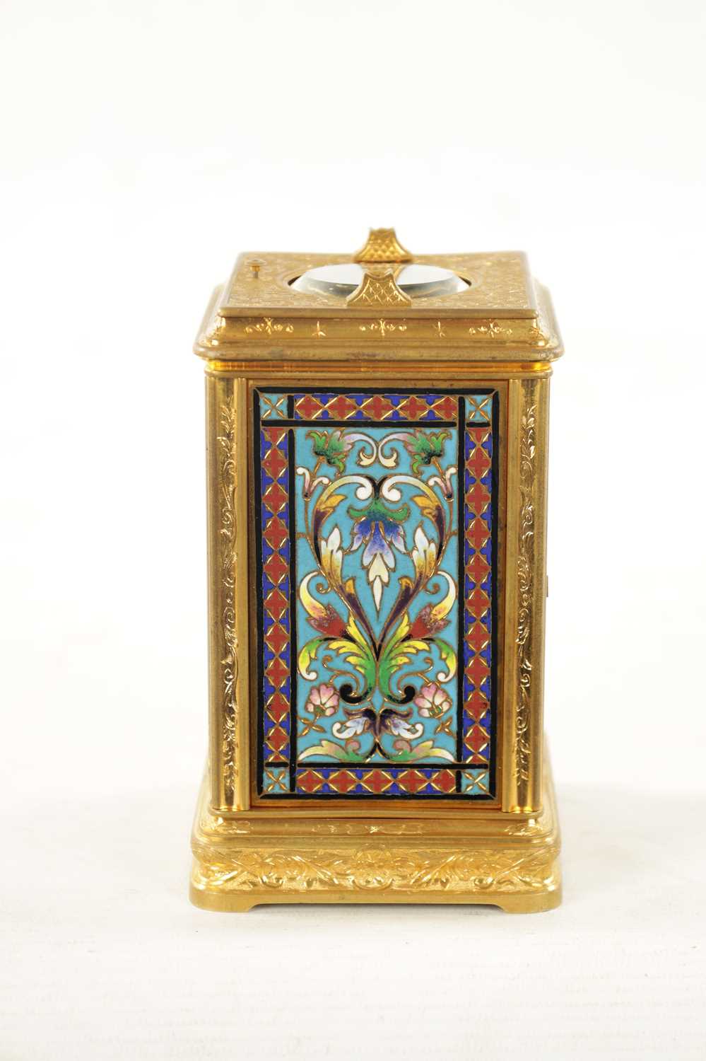 A LATE 19TH CENTURY FRENCH CHAMPLEVE ENAMEL AND GILT BRASS ENGRAVED REPEATING CARRIAGE CLOCK - Image 5 of 13