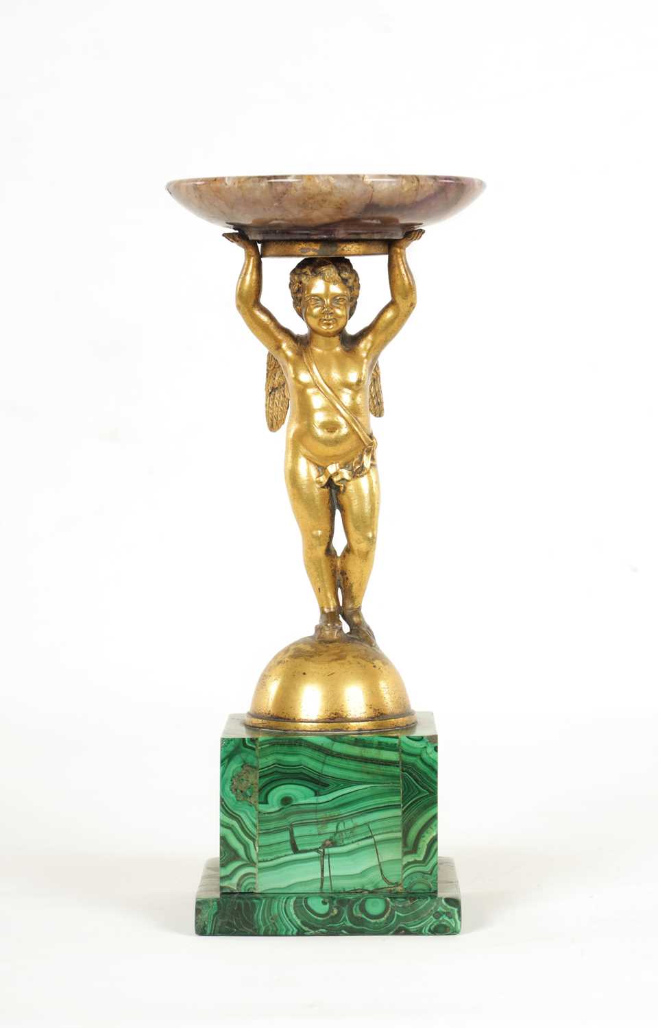 A REGENCY FIGURAL GILT BRONZE, MALACHITE AND BLUE JOHN TAZZA