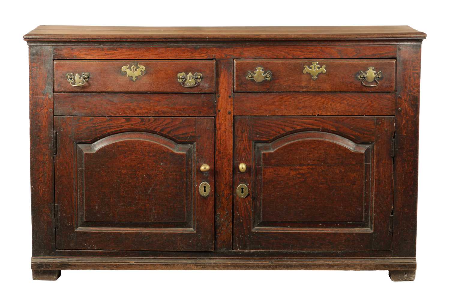 AN EARLY 18TH CENTURY OAK TWO DRAWER DRESSER BASE