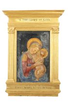 A RARE EARLY ITALIAN POLYCHROME STUCCO PANEL OF MADONNA AND CHILD POSSIBLY 15TH CENTURY