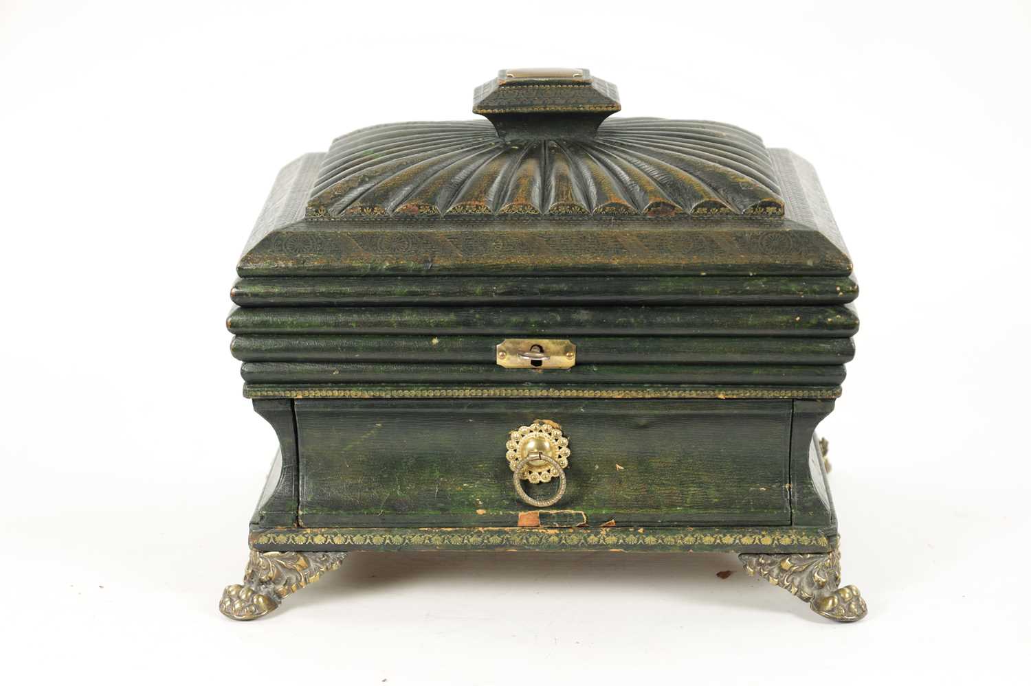 A FINE REGENCY TOOLED LEATHER LADIES COMBINED SEWING / WRITING BOX OF SARCOPHAGUS FORM - Image 2 of 11