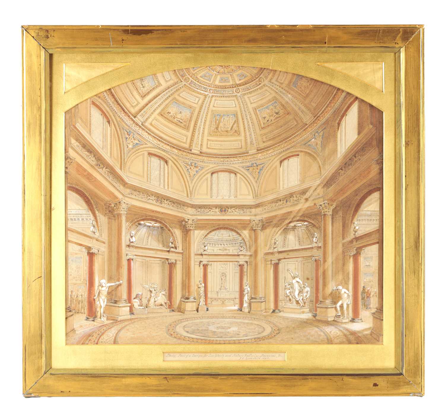 A 19TH CENTURY WATERCOLOUR BY GOODCHILD OF A SCULPTURE GALLERY