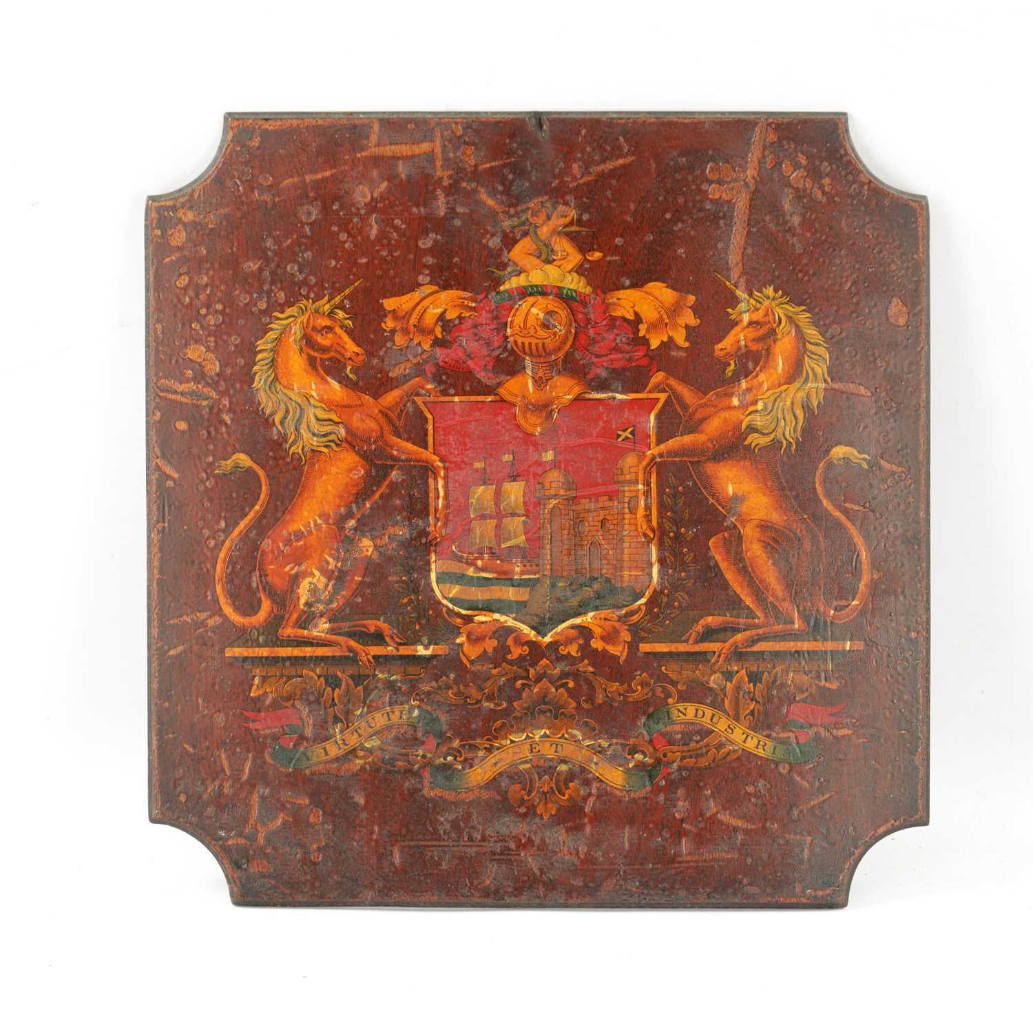 A 19TH CENTURY PAINTED COAT OF ARMS PANEL OF BRISTOL