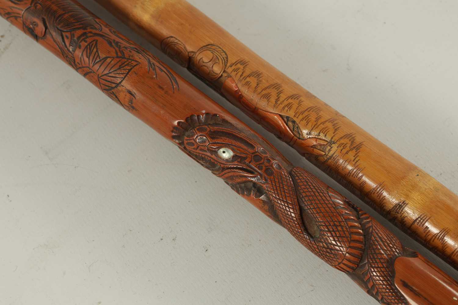 TWO 19TH CENTURY ORIENTAL BAMBOO CARVED WALKING CANES - Image 2 of 8