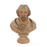 A LATE 19TH CENTURY CARVED WOODEN BUST OF SHAKESPEARE