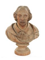 A LATE 19TH CENTURY CARVED WOODEN BUST OF SHAKESPEARE