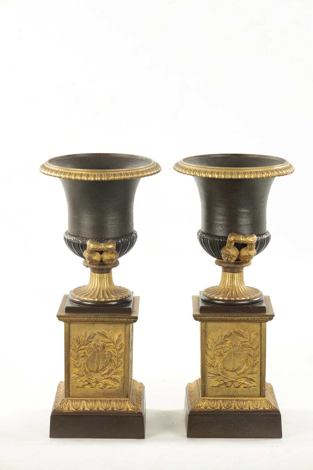 A PAIR OF 19TH CENTURY BRONZED GILT CAST IRON URNS - Image 7 of 9