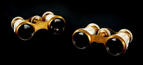 A MATCHED PAIR OF FRENCH GILT BRASS AND MOTHER-OF-PEARL INLAID OPERA GLASSES