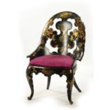 JENNENS & BETTRIDGE BIRMINGHAM / LONDON. A 19TH CENTURY PAPER MACHIER LACQUERWORK ARMCHAIR