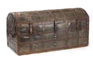 A RARE 17TH CENTURY DOMED TOP IRON BOUND LEATHER COVERED COFFER