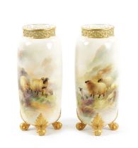 HARRY DAVIS A FINE PAIR OF ROYAL WORCESTER CABINET VASES