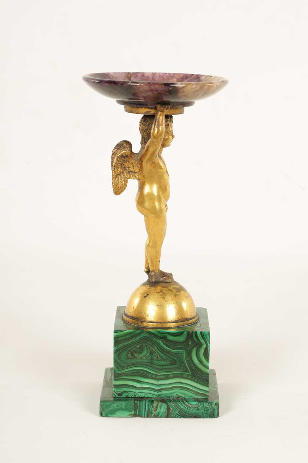 A REGENCY FIGURAL GILT BRONZE, MALACHITE AND BLUE JOHN TAZZA - Image 7 of 11