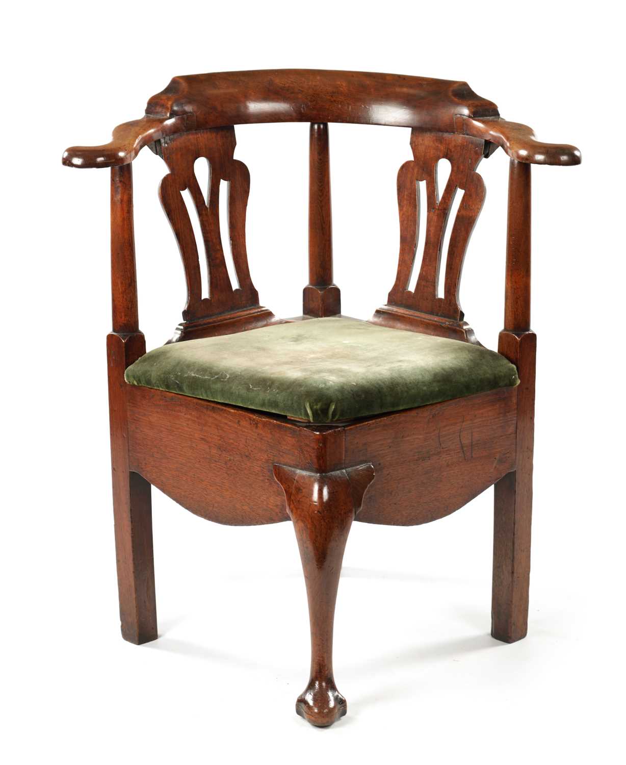 A MID 18TH CENTURY WALNUT CORNER COMMODE CHAIR OF FINE COLOUR AND PATINA