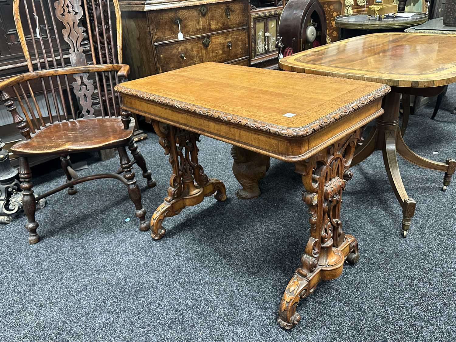 A 19TH CENTURY CARVED AND INLAID OAK LIBRARY TABLE BY LAMB MANCHESTER - Image 14 of 16