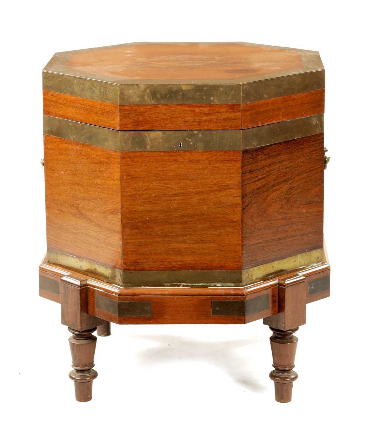 AN UNUSUAL 18TH CENTURY COLONIAL PADOUK OCTAGONAL SHAPED WINE COOLER ON STAND