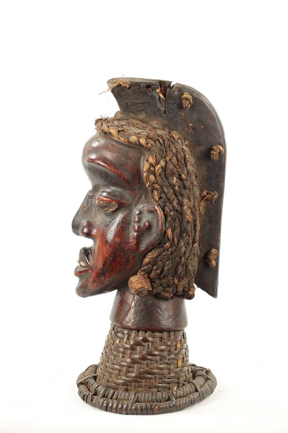 AN OLD AFRICAN WICKER AND PARDIMENT TRIBAL HEAD POSSIBLY YORUBA - Image 3 of 6