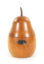 A GEORGE III FRUIT WOOD TEA CADDY OF LARGE SIZE FORMED AS A PEAR