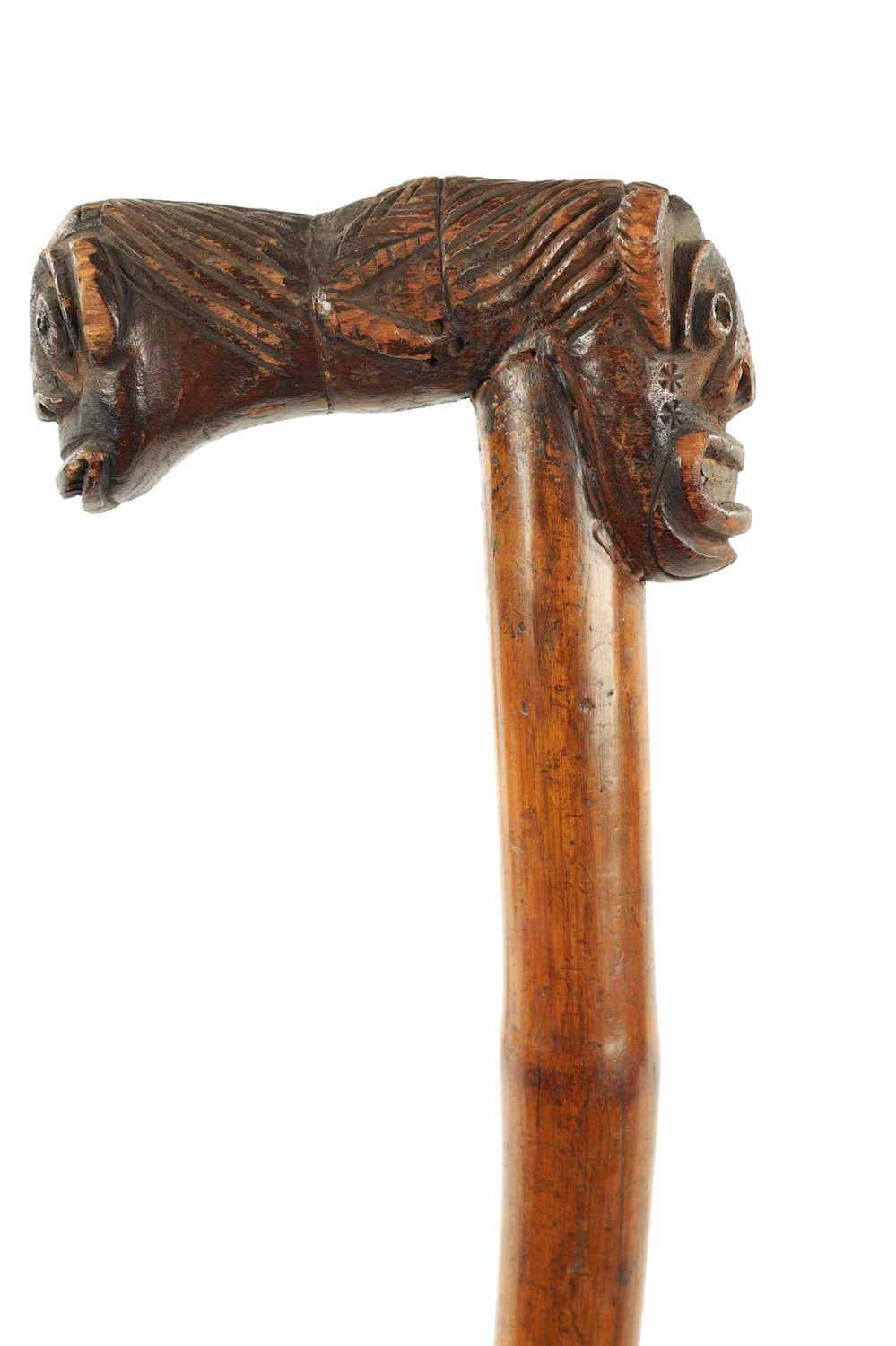 A RARE TWO HEADED GROTESQUE 19TH CENTURY AFRICAN WALKING STICK - Image 5 of 8