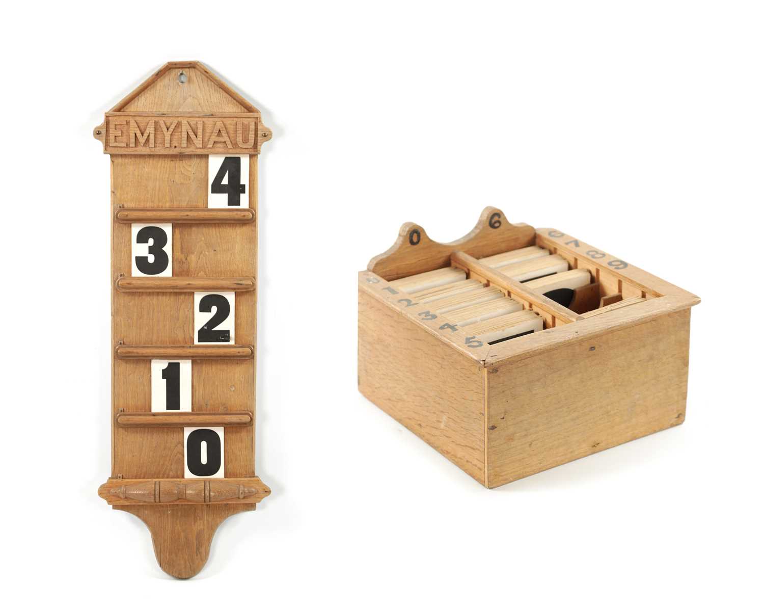A WELSH HYMN NUMBER RACK (EMYNAU) INCLUDING BOX NUMBERS FROM CAPEL SARON LLANDDERFEL, WALES