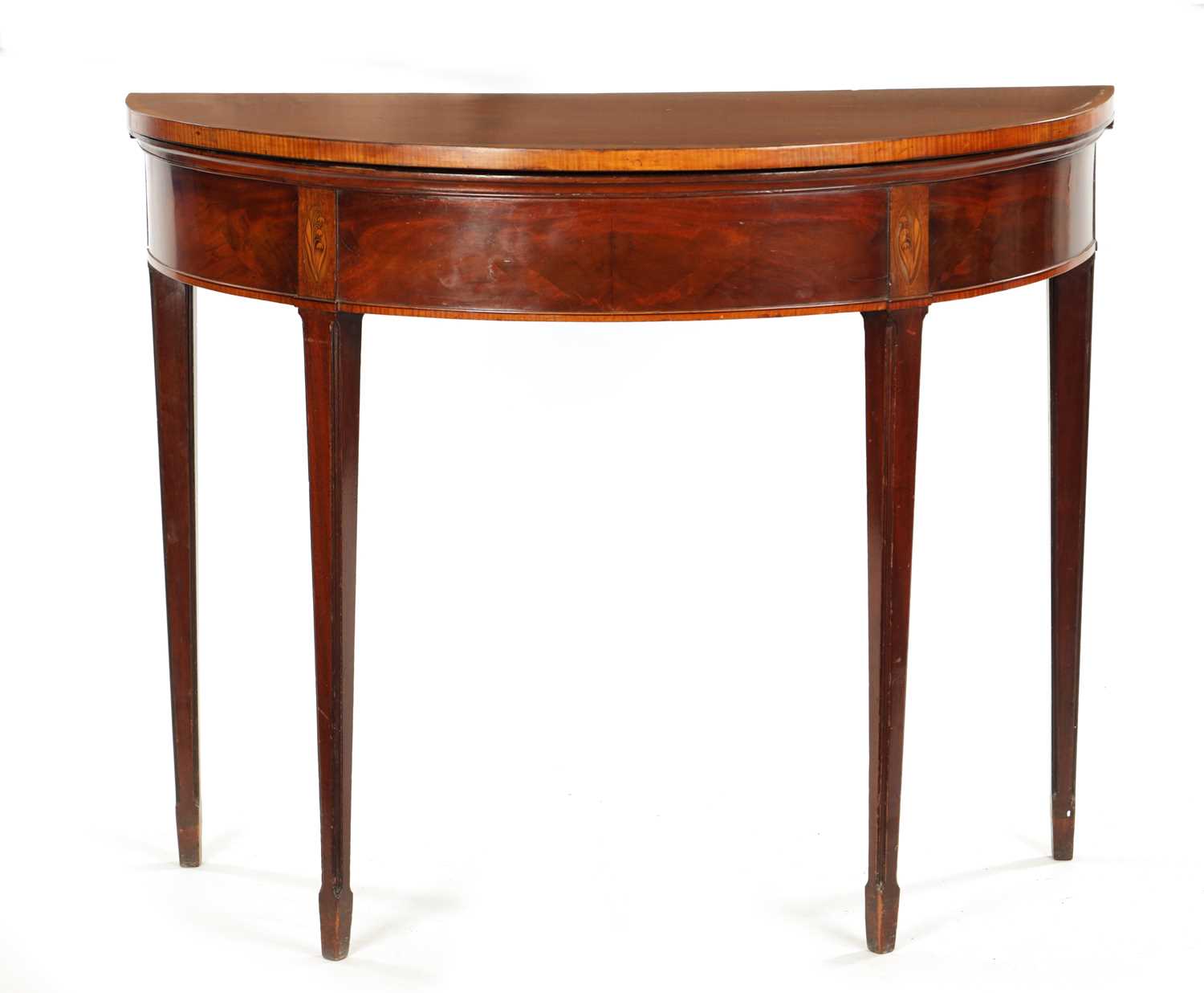 A GEORGE III FIGURED MAHOGANY SCOTTISH DEMI LUNE TEA TABLE